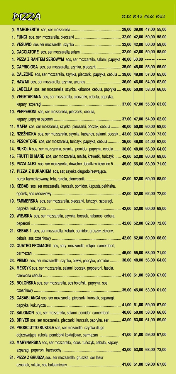 menu Pizza Alex Kościan