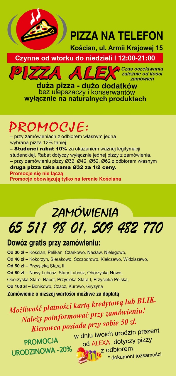menu Pizza Alex Kościan