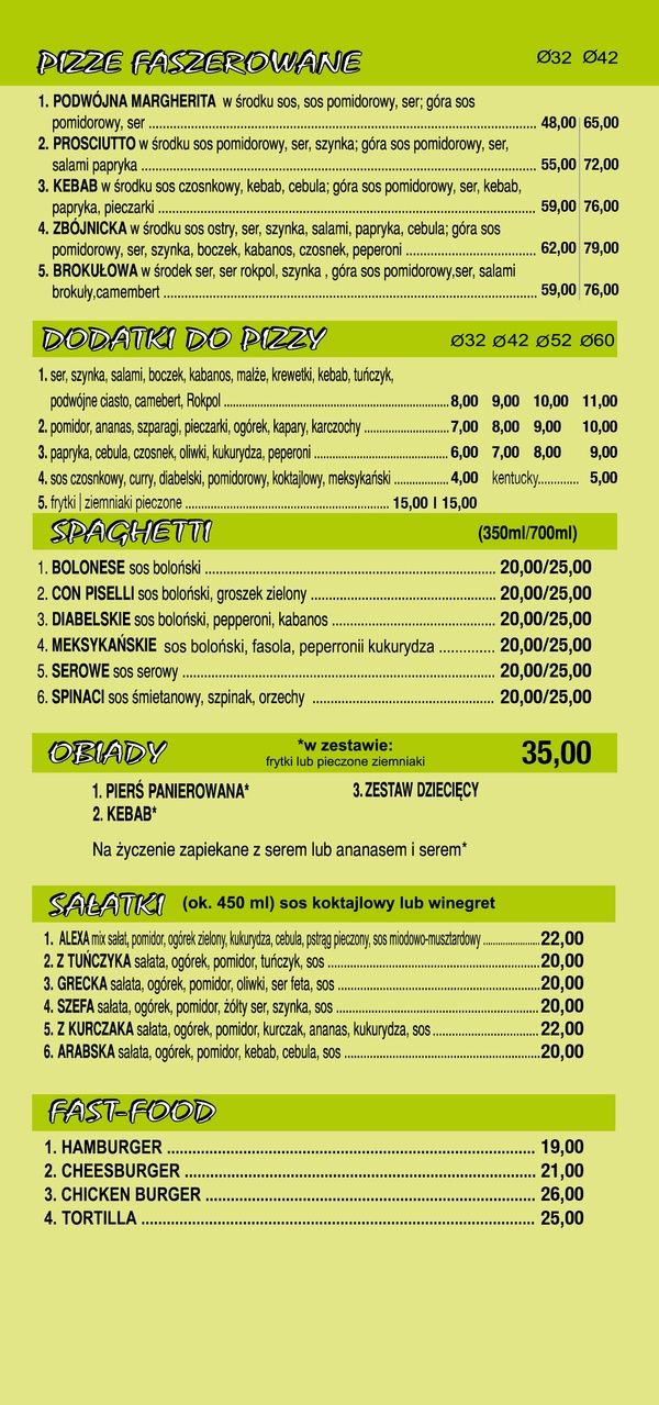 menu Pizza Alex Kościan